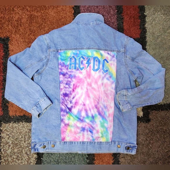 Jackets & Coats | Acdc Blue Denim Jacket Official Licensed Back Tie Dye ...